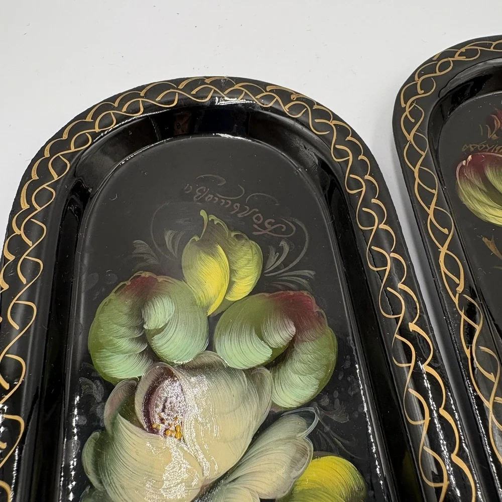 Two (2) Zhostovo Hand painted Russian Metal Decorative Trinket Tray Flowers
